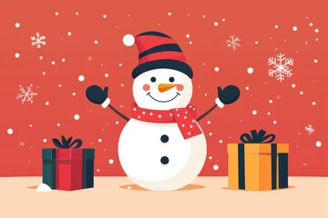 Cheerful snowman with red and black striped hat, surrounded by colorful gifts, celebrating festive season. snowy background adds to joyful atmosphere