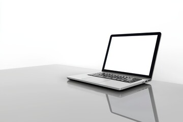 Fototapeta premium 3D render of an open silver laptop with a blank screen and copy space,on a reflective surface, ideal for technology and website mockups.