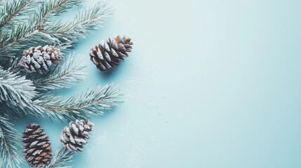 Snow-covered pine cones and branches on blue background, winter decoration with copy space