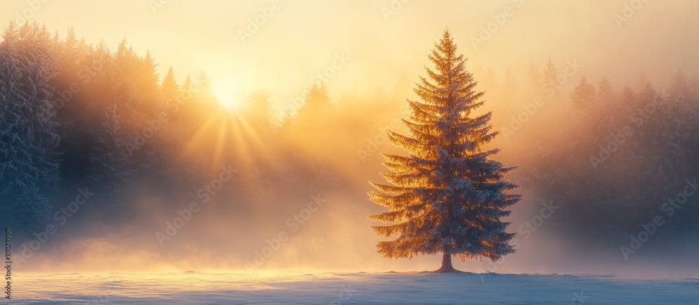Poster a single coniferous tree stands in a snowy forest with golden light shining through the fog at sunri