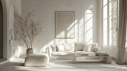 Stylish living room design in natural white and beige colors. The daylight and simple decor create a cozy and elegant home interior.