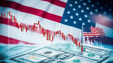 Stock chart with american flag background. American flag and financial chart, stock market and economy concept. 