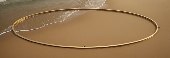 Obraz premium mesmerizing aerial view of a beach with a golden ellipse casting a shadow on the sand. The waves gently meet the shore