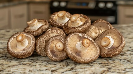 Shiitake mushrooms piled on granite kitchen countertop