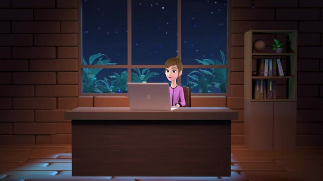 Business lady working on laptop at night. 3d animated character. Animated explainer video