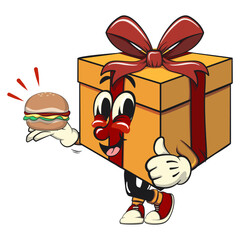 cartoon gift box gold with a red ribbon isolated vector illustration carrying a burger while giving a thumbs up, the concept of birthday, Christmas, new year, work of hand drawn