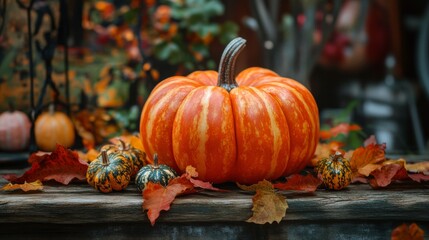 Vibrant Pumpkin with Autumn Leaves and Decor