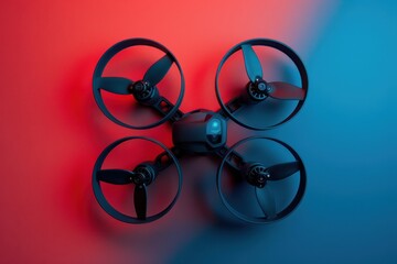 A black drone with four propellers illuminated in red and blue light against a contrasting background