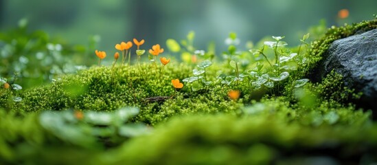Close-up of vibrant green moss with small, bright orange flowers.