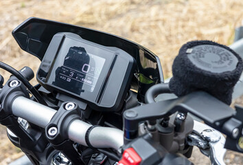 Sports motorcycles. View of the steering wheel and the road. Group sport. Motorcyclists on vacation.