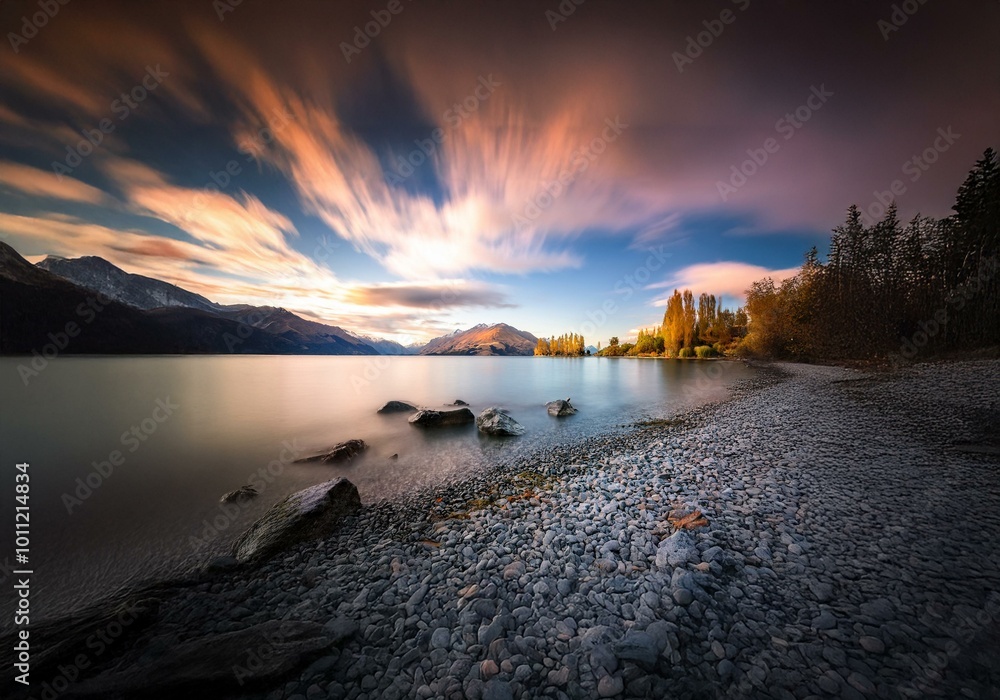 Poster A long exposure image of a lake with mountains in the background. The lake is calm with a pebbled shore.