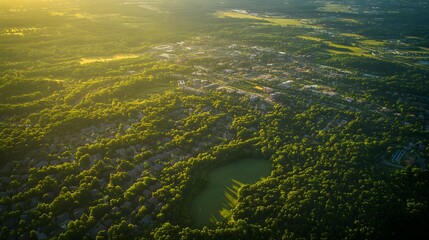 An aerial view of urban sprawl pushing into a lush green forest, with new buildings and roads cutting through the natural landscape, illustrating the environmental impact of city expansion on 