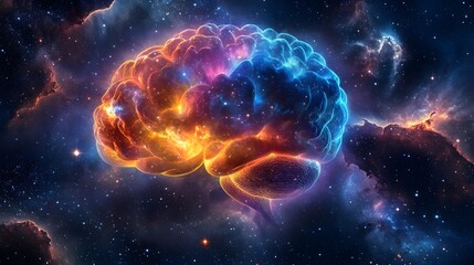 A breathtaking image of a glowing nebula in space, shaped like a human brain, with vibrant swirls of multicolored gases and stars, symbolizing the infinite potential of human imagination and 