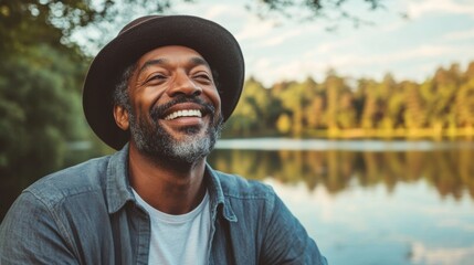 Obraz premium Man with a hat smiling by the lake on a sunny day