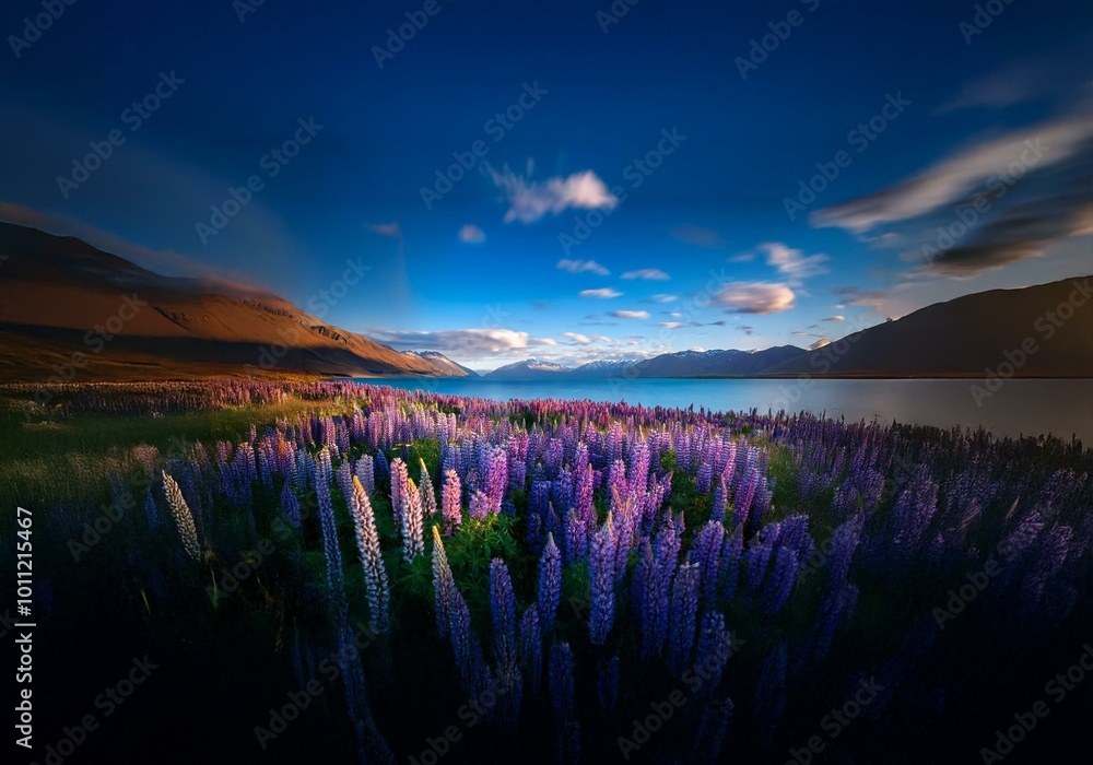 Poster A field of vibrant purple wildflowers sits in the foreground with a mountain range and a lake in the background under a blue sky with white clouds.