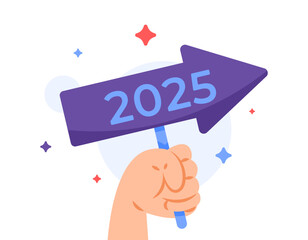 development concept. progress and continue to develop in 2025. future and forward. illustration of hand holding a direction board with the number 2025. flat style design. poster elements