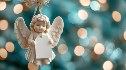 beautiful angel ornament with blank gift tag hangs gracefully, surrounded by soft bokeh lights, creating serene and festive atmosphere