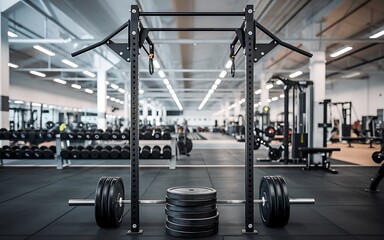 Fototapeta premium A weightlifting rack with a barbell and weights in the foreground, with a gym interior in the background.