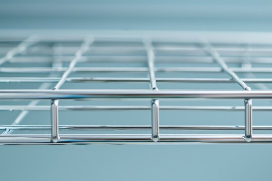 Close-up of a stainless steel wire shelving unit against a subtle blue background