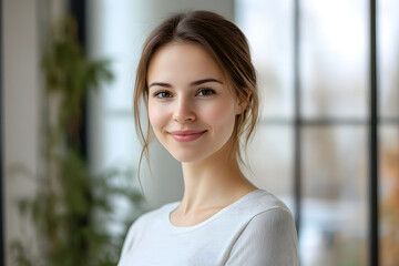 Beautiful young woman smiling in a bright interior with natural light and relaxed ambiance