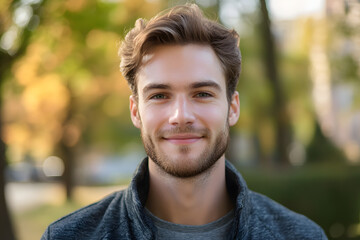 Fototapeta premium Smiling young man portrait in a natural outdoor setting, autumn colors