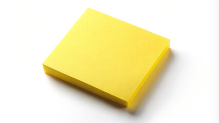 Bright yellow sticky note pad on clean white background, perfect for reminders and notes. Its vibrant color adds cheerful touch to any workspace