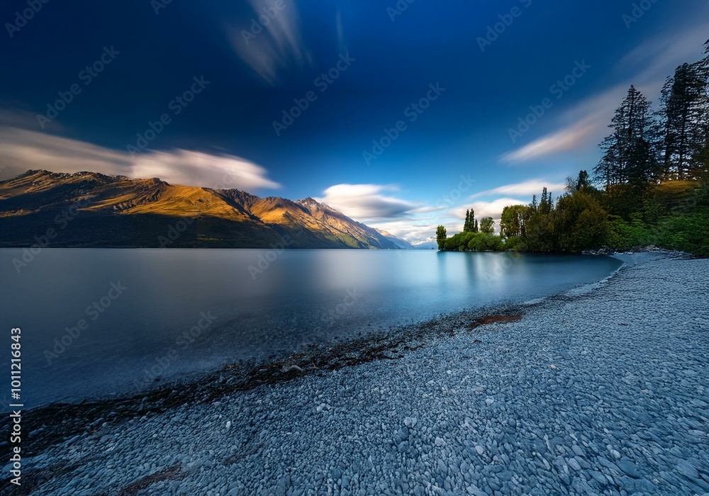 Poster A scenic view of a lake with mountains in the background.  The lake is calm and reflective, with a pebbled shore in the foreground.