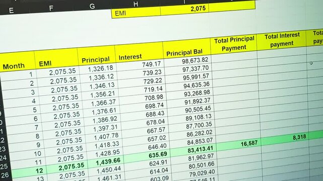 Footage of an dark mode excel sheet scrolled on computer screen showing bank loan amortization table, changing data.