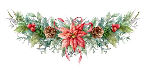 Watercolor horizontal garland with red poinsettia, red berries, fir branches, cones and herbs. Christmas decorative element. © VETOCHKA