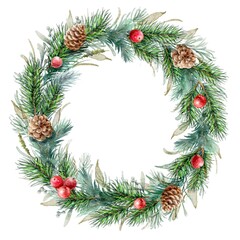 Watercolor Christmas fir wreath with red berries, fir cones and green leaves.