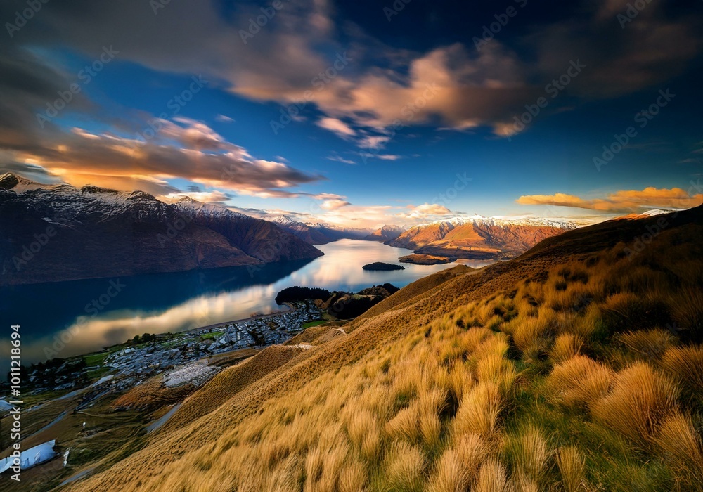 Aufkleber A panoramic view of a New Zealand landscape. The foreground features a grassy hillside with mountains in the distance and a lake in the middle.