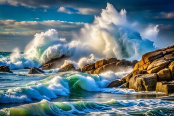 Fototapeta premium Powerful waves against rocky cliffs with turquoise water