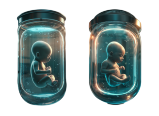 a baby fetus in a cryogenic tube chamber, covering themes from cryogenics to DNA, artificial impregnation, and pregnancy. Isolated transparent background PNG. 