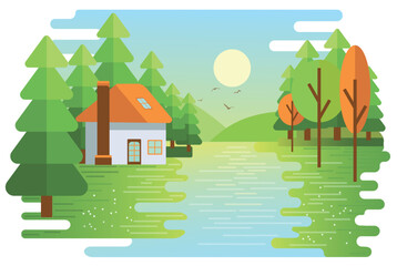 Naklejka premium vector illustration of a landscape showing the sun, a house, a lake, a forest, Christmas trees, trees, grass