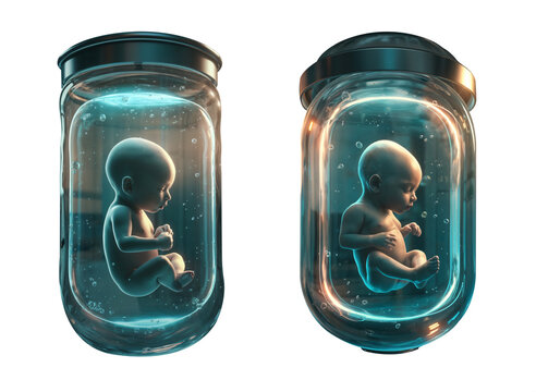 a baby fetus in a cryogenic tube chamber, covering themes from cryogenics to DNA, artificial impregnation, and pregnancy. Isolated transparent background PNG. 