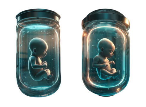 a baby fetus in a cryogenic tube chamber, covering themes from cryogenics to DNA, artificial impregnation, and pregnancy. Isolated transparent background PNG. 