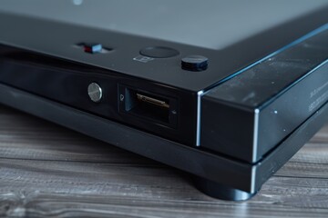 Obraz premium Close-up of a sleek black electronic device on a wooden surface showcasing USB port and control buttons