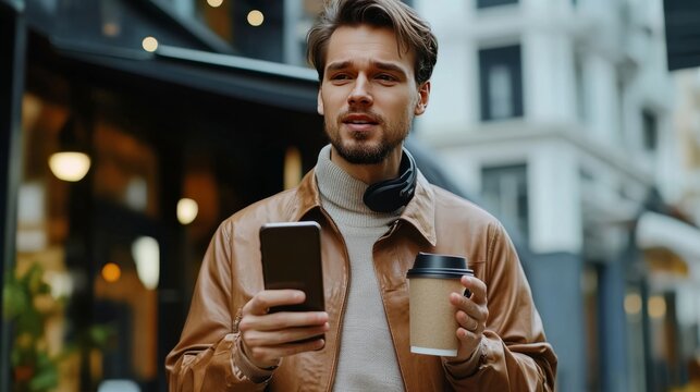 Man records voice message on phone in a cafe.