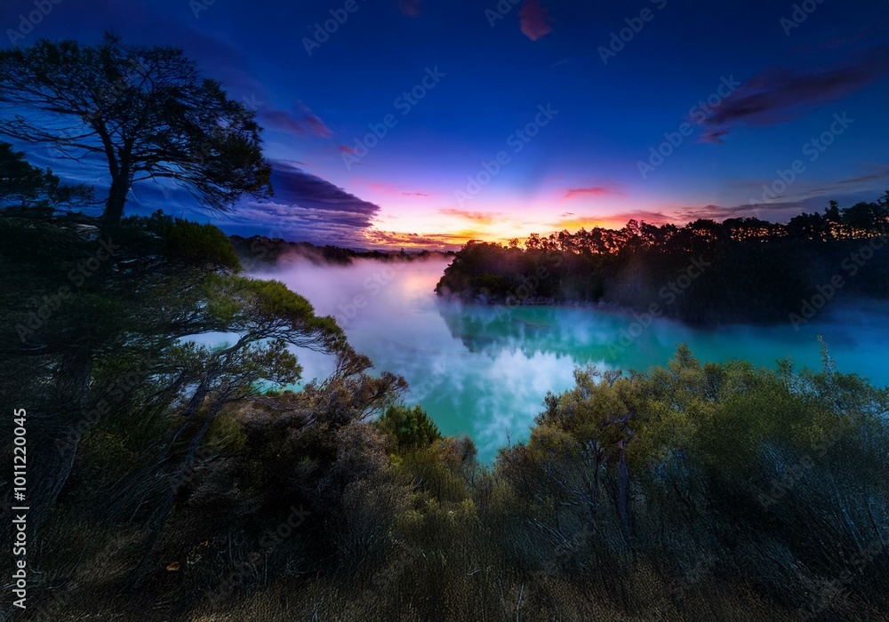 Poster A New Zealand landscape with a lake in the foreground and a sunrise in the background. The lake is surrounded by trees and there is fog rising from the water.