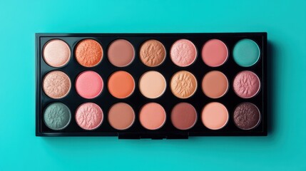 Eyeshadow Palette with Different Colors on Turquoise Background.