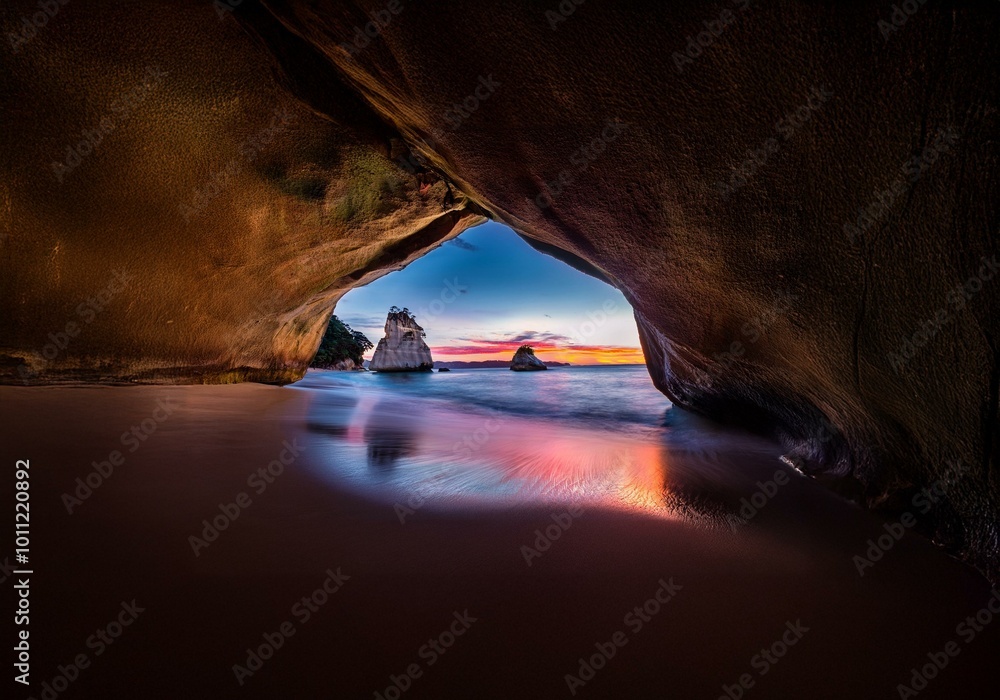 Aufkleber A view through a rock formation of the ocean with a sunset and two rock islands in the distance.
