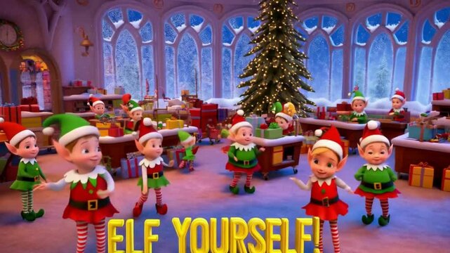 Christmas Elves Dancing in a Workshop with "Elf Yourself" Sign