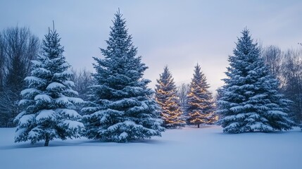 Obraz premium Snow Covered Pine Trees with Festive Lights - Winter Wonderland