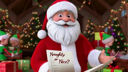 Santa Claus Holding a List of "Naughty or Nice" with Elves - Powered by Adobe