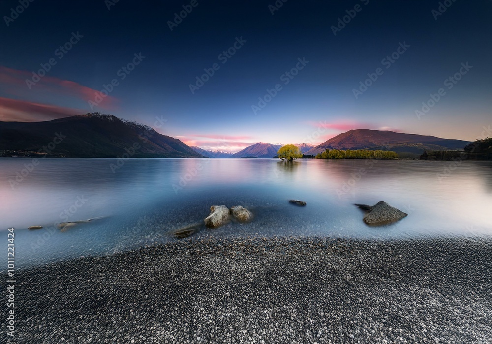 Aufkleber A single tree stands on a small island in a still lake, surrounded by mountains with snow-capped peaks, under a pink and blue twilight sky.