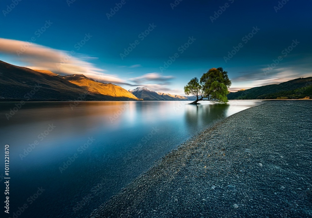 Poster a single tree stands in a still lake with mountains in the background.