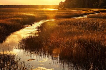 Coastal Marsh. Virginia Saltmarsh at Sunset in Autumn Sunlight