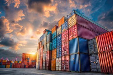 Fototapeta premium Containers Shipping. Stacked Cargo Containers in Port for Freight Shipment Logistics