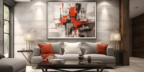 A modern living room with a gray couch, two orange pillows, a coffee table, two lamps, and an abstract painting featuring shades of red, black, and gray