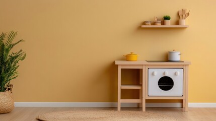 Modern Play Kitchen with Yellow Pot and Green Plant.